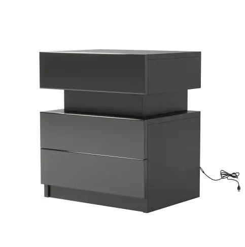 LED Nightstand – Modern black wood bedside table with LED lights and two high-gloss drawers.