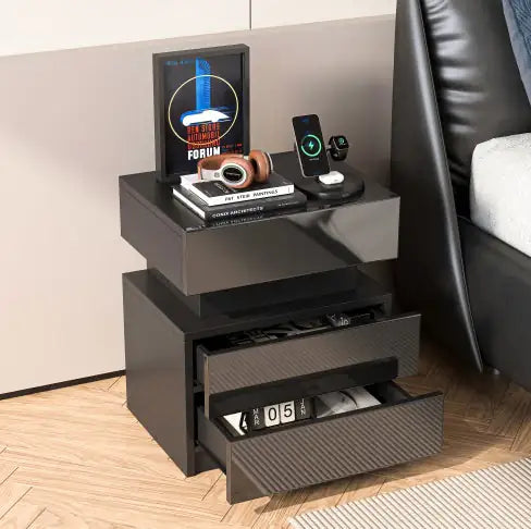 LED Nightstand in a modern bedroom showcasing black wood design with decorative items and smart devices on top.