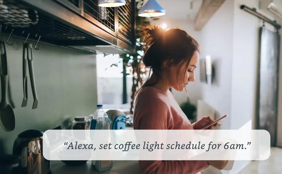 Person using mobile device to set a coffee light schedule with an LED Smart Light Bulb and Alexa compatibility.