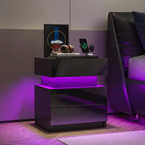 LED Nightstand in modern black design with ambient LED lights and storage drawers.