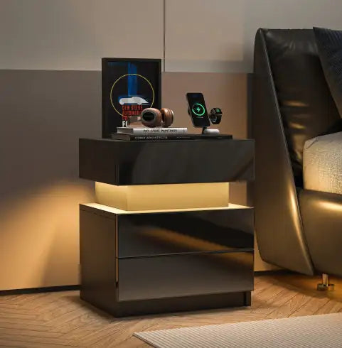 LED Nightstand with modern design, black wood finish, and built-in LED lights for added ambiance.